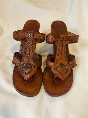 ASH Boho Leather Wedge Sandals Studded Brown Whipstitch Size 11